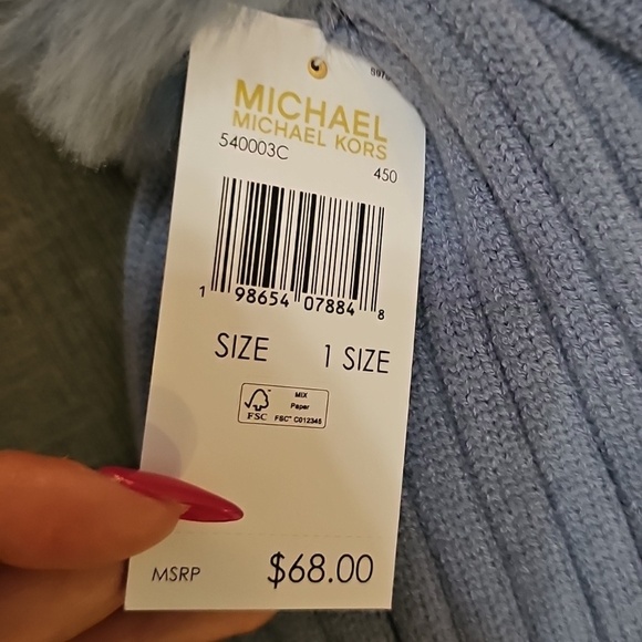 Michael Kors Cable Knit Fleece Lined Cuffed Pom Pom Winter Blue Beanie hat MK main image 4